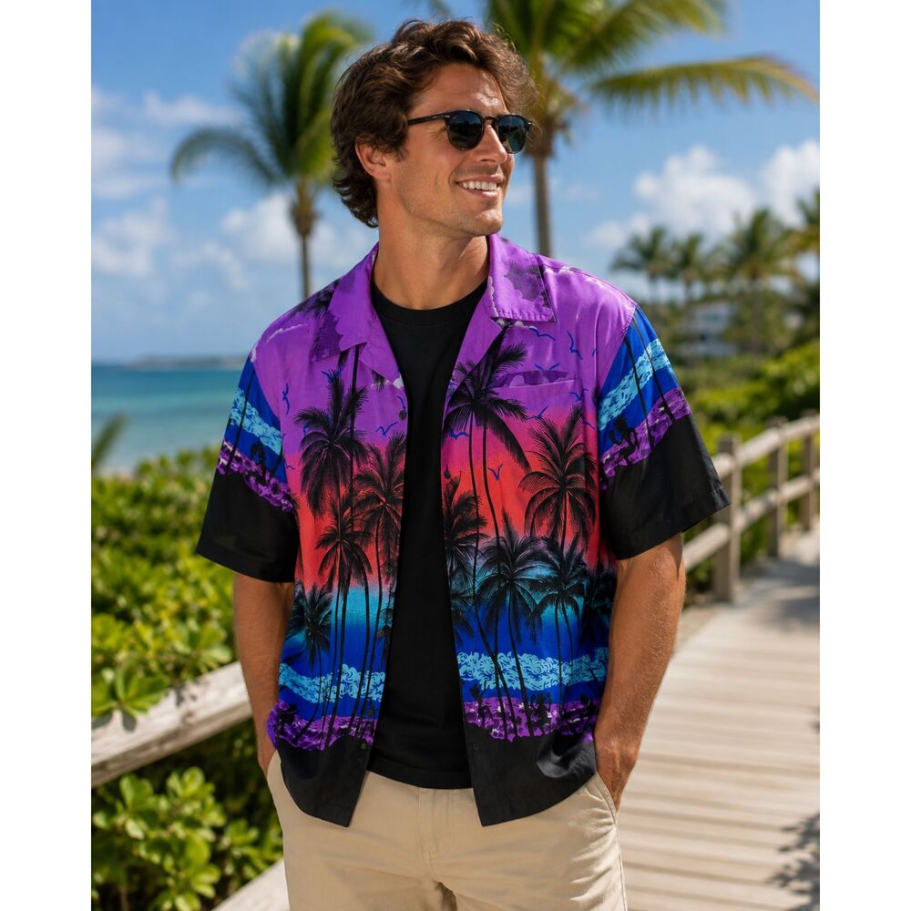 India Boutique Men's Size XL Hawaiian Shirt Purple Sunset Palm Tree Tropical